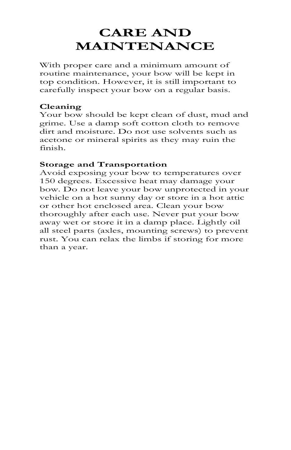 Care and maintenance | Bear Archery Goblin 2012 User Manual | Page 6 / 13