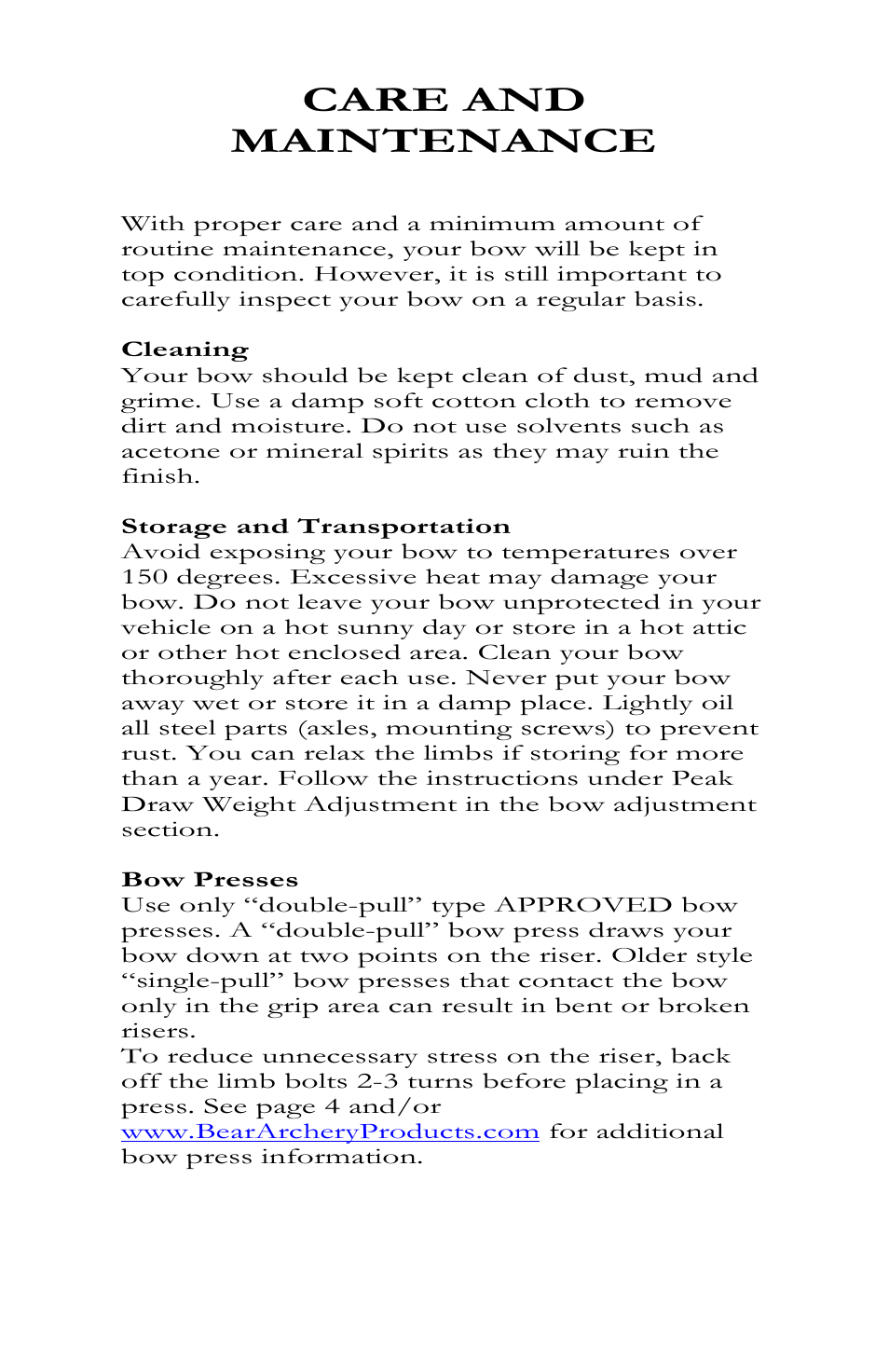 Care and maintenance, Cleaning, Storage and transportation | Bow presses | Bear Archery Compound Bow 2010 User Manual | Page 10 / 26