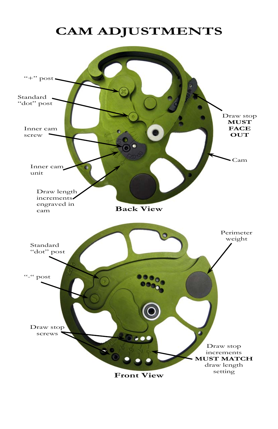 Cam adjustments, Back view, Front view | Bear Archery Compound Bow 2010 User Manual | Page 17 / 26