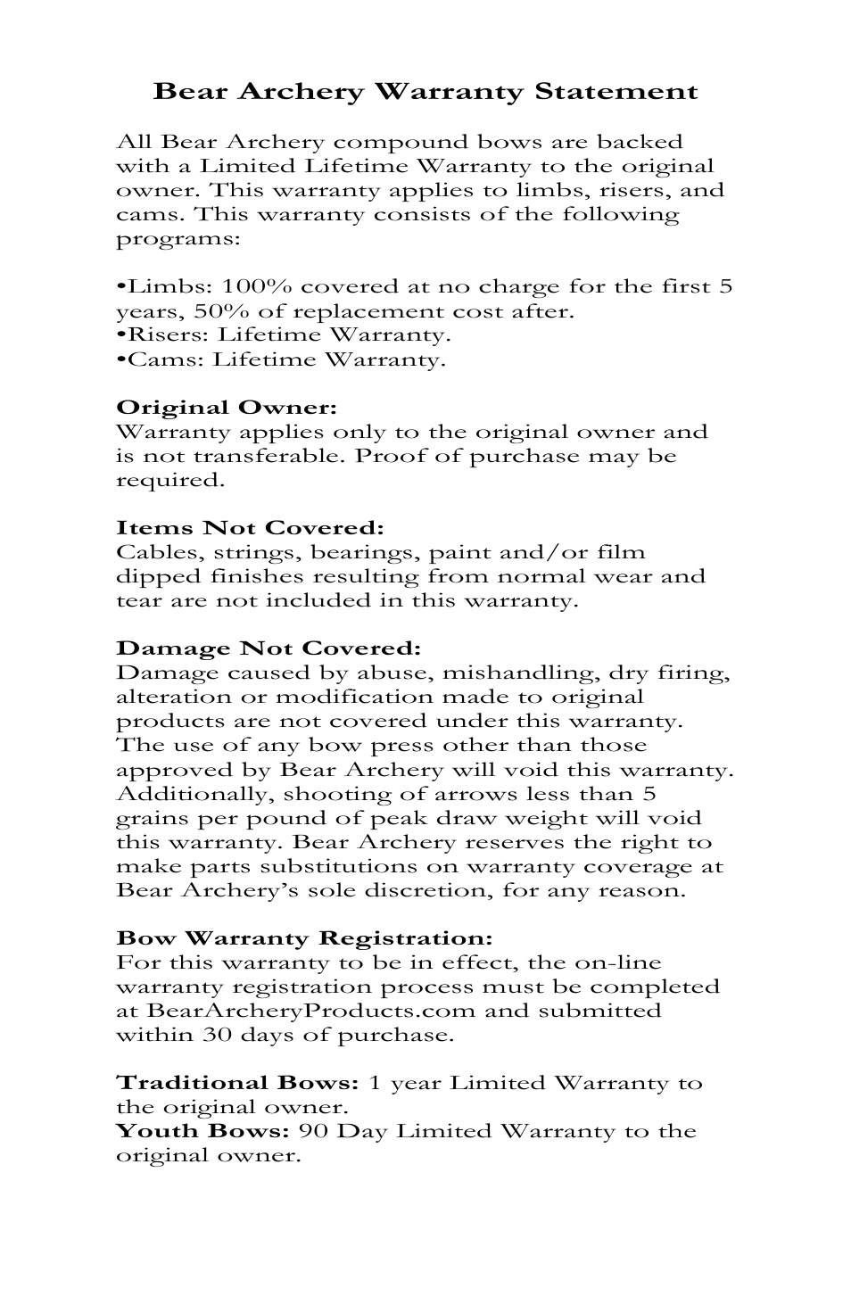 25 bear archery warranty statement | Bear Archery Compound Bow 2010 User Manual | Page 25 / 26