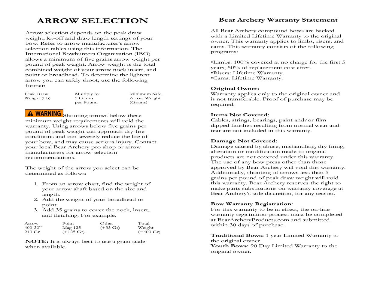 Arrow selection | Bear Archery Compound Bow 2008 User Manual | Page 12 / 13