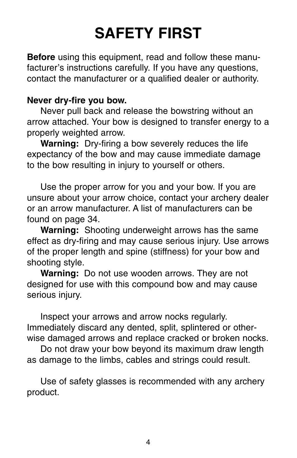Safety first | Bear Archery Compound Bow 2004 User Manual | Page 4 / 40