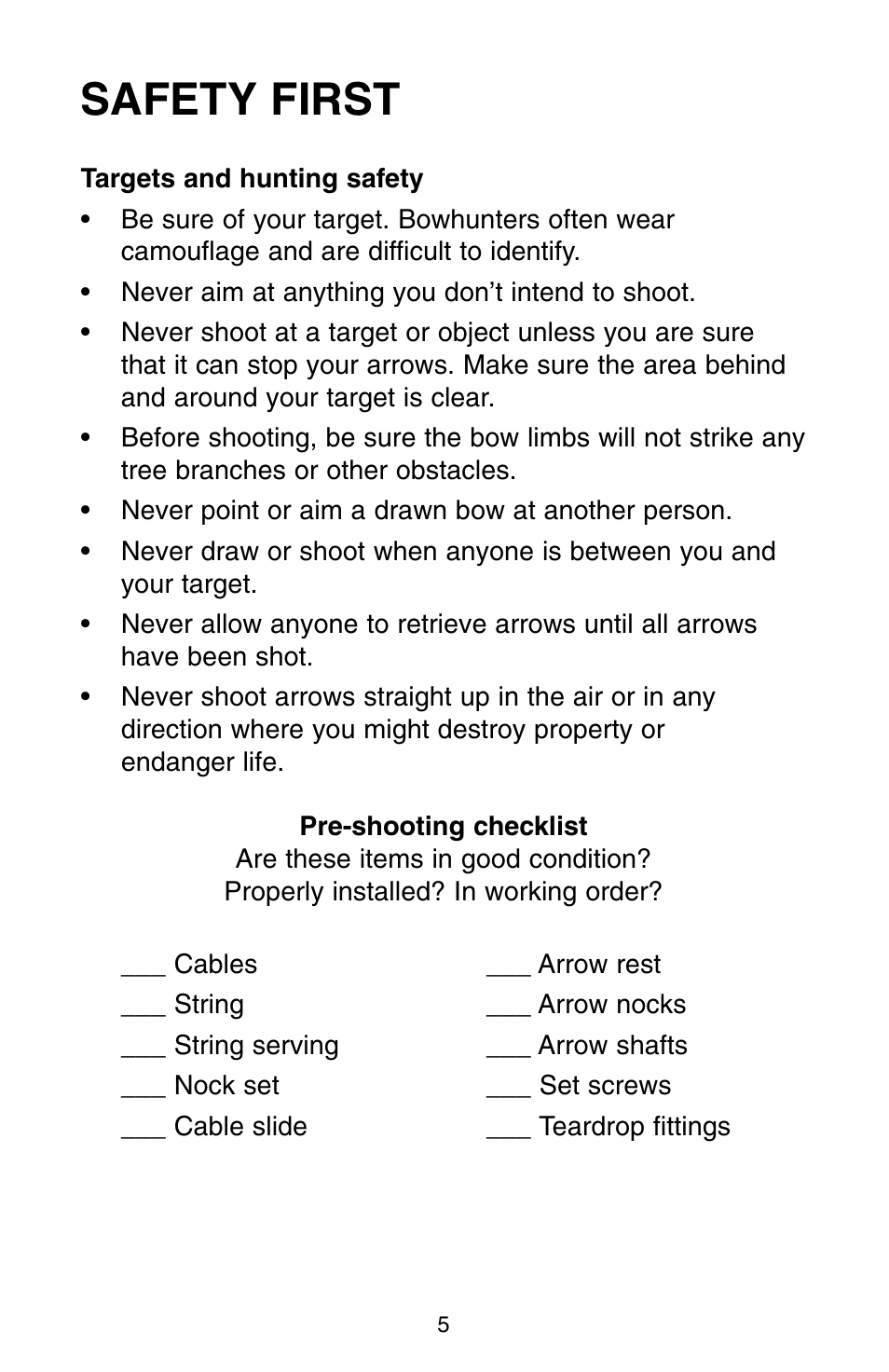 Safety first | Bear Archery Compound Bow 2004 User Manual | Page 5 / 40