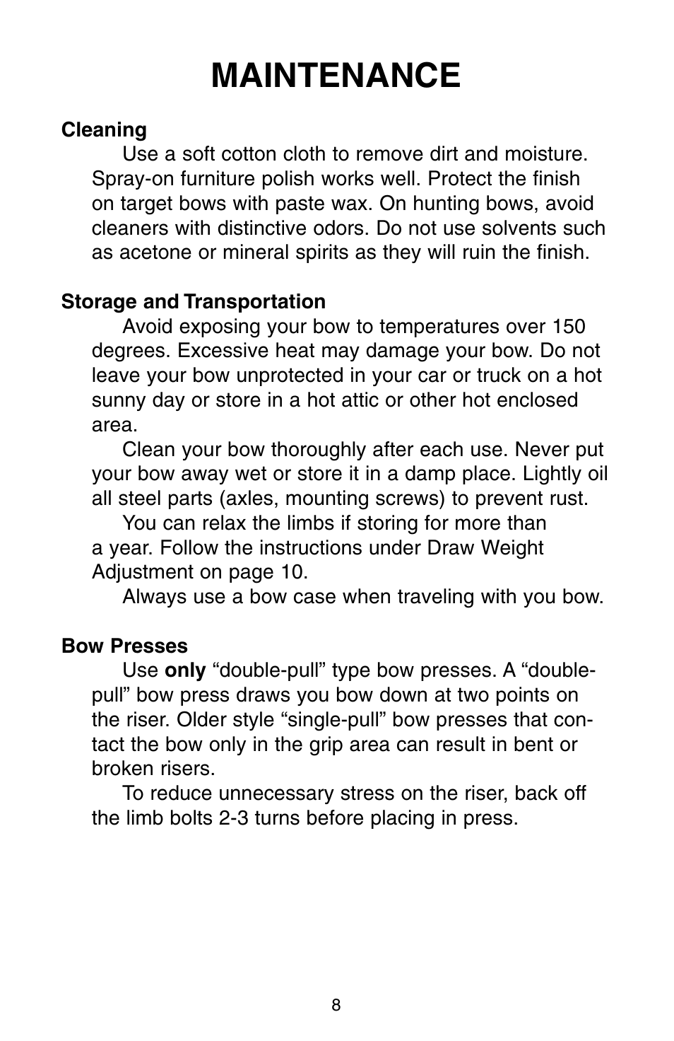 Maintenance | Bear Archery Compound Bow 2004 User Manual | Page 8 / 40