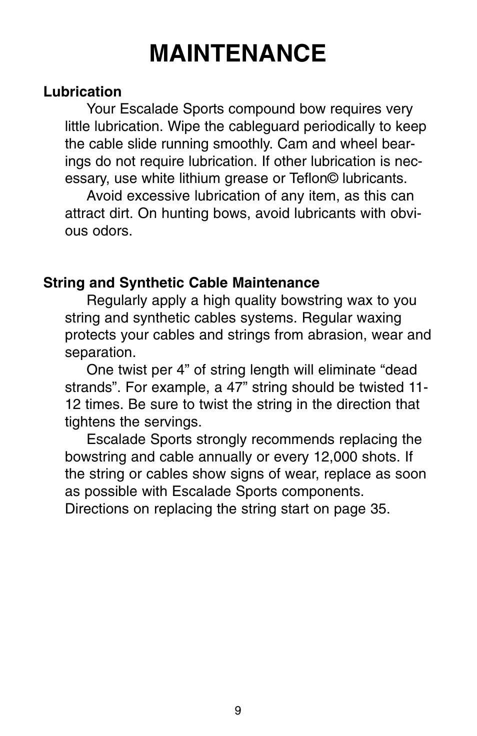 Maintenance | Bear Archery Compound Bow 2004 User Manual | Page 9 / 40