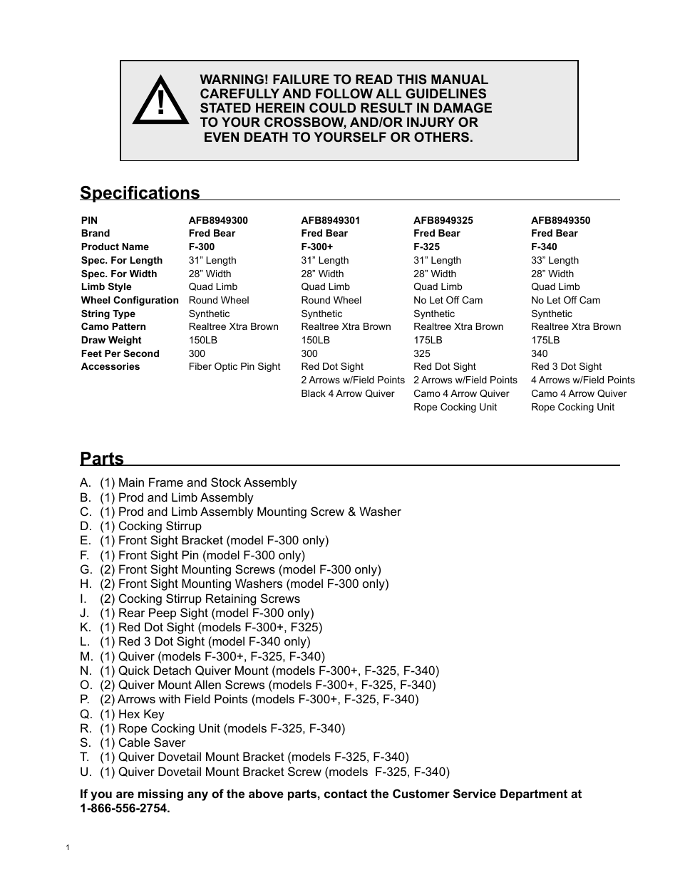 Specifications, Parts | Bear Archery F-Series Crossbow 2004 User Manual | Page 2 / 12