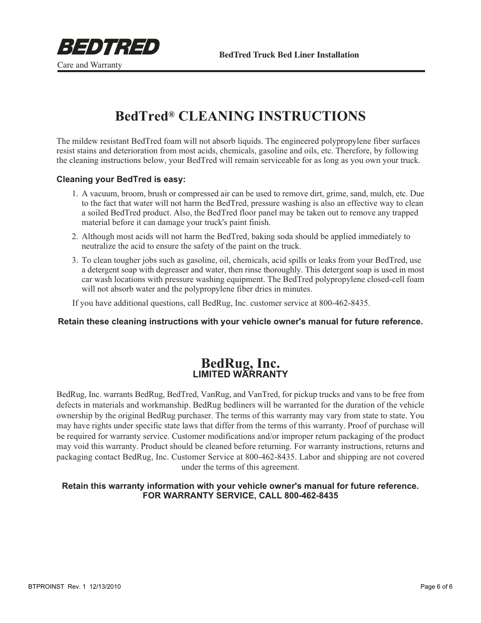 Bedtred, Cleaning instructions, Bedrug, inc | Bedrug BED LINERS: BedTred Pro Series User Manual | Page 6 / 6