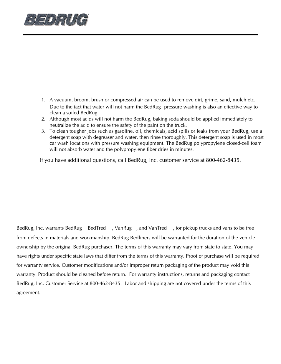 Bedrug, inc, Bedrug, Cleaning information | Bedrug bedliner installation instructions, Limited warranty | Bedrug BED LINERS: BedRug User Manual | Page 6 / 6