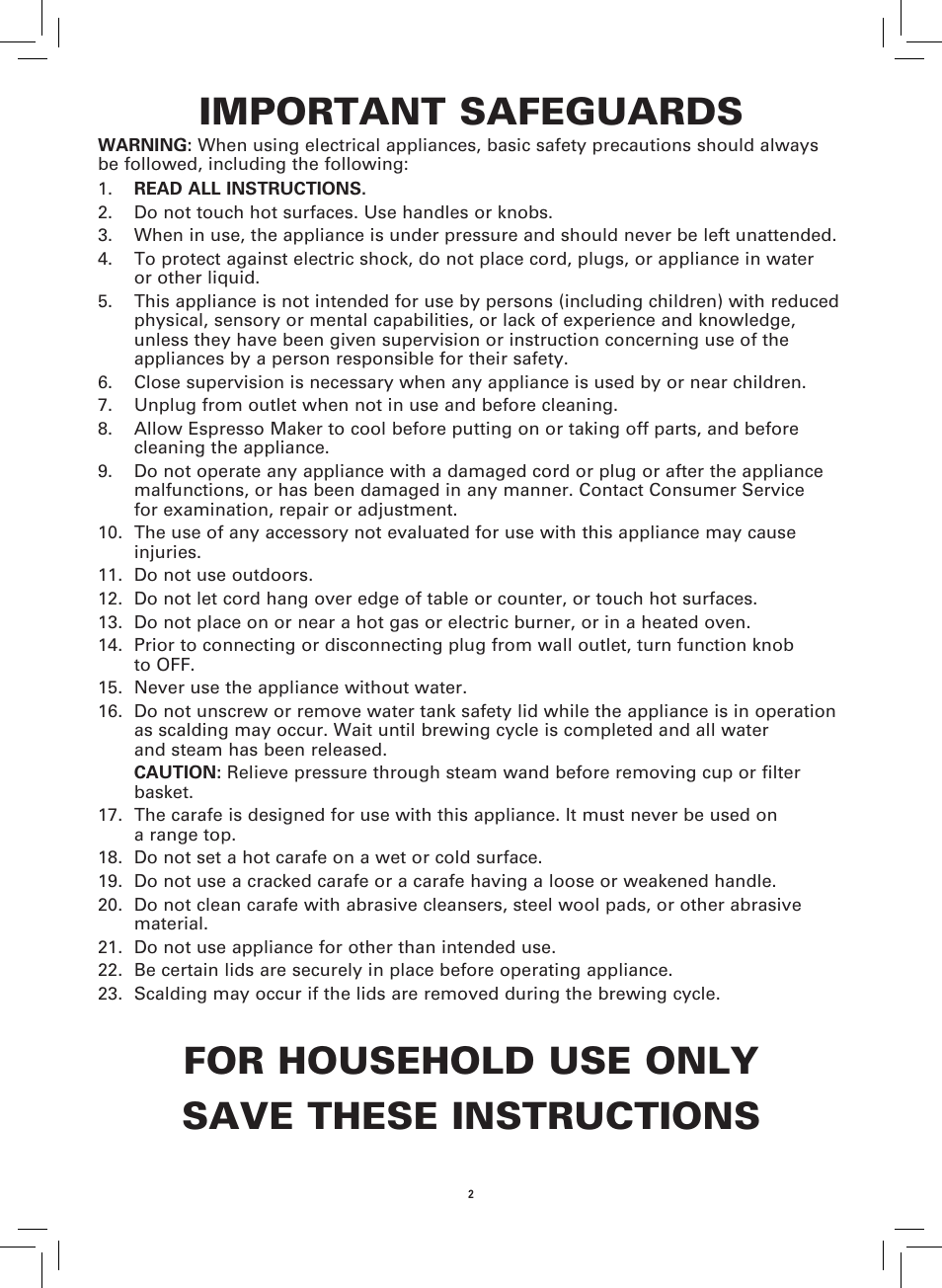 Important safeguards, For household use only save these instructions | BELLA 13683 Espresso Maker User Manual | Page 4 / 20