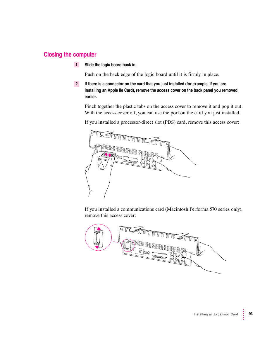 Closing the computer | Apple Macintosh Performa 570 series User Manual | Page 101 / 113