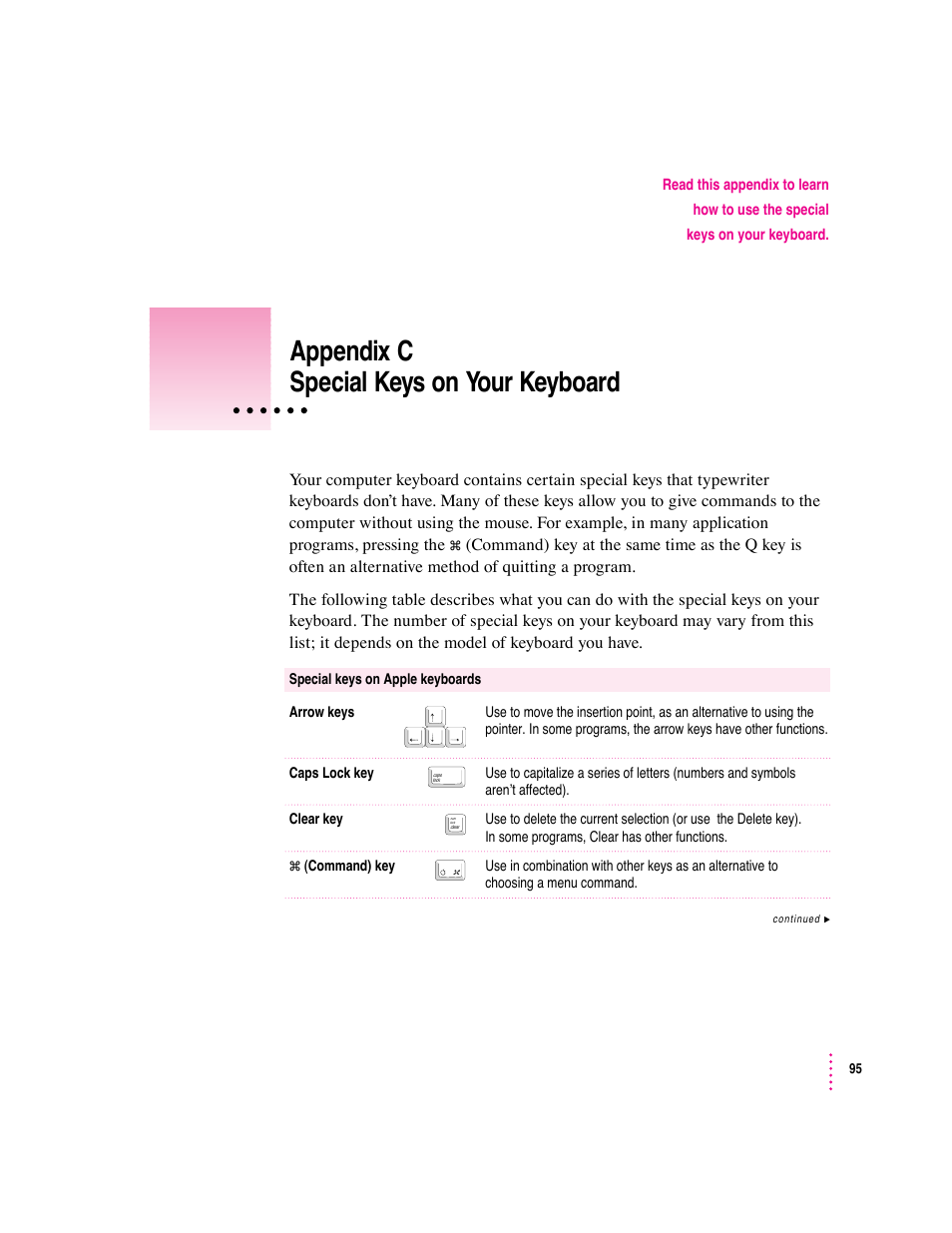 Appendix c special keys on your keyboard | Apple Macintosh Performa 570 series User Manual | Page 103 / 113