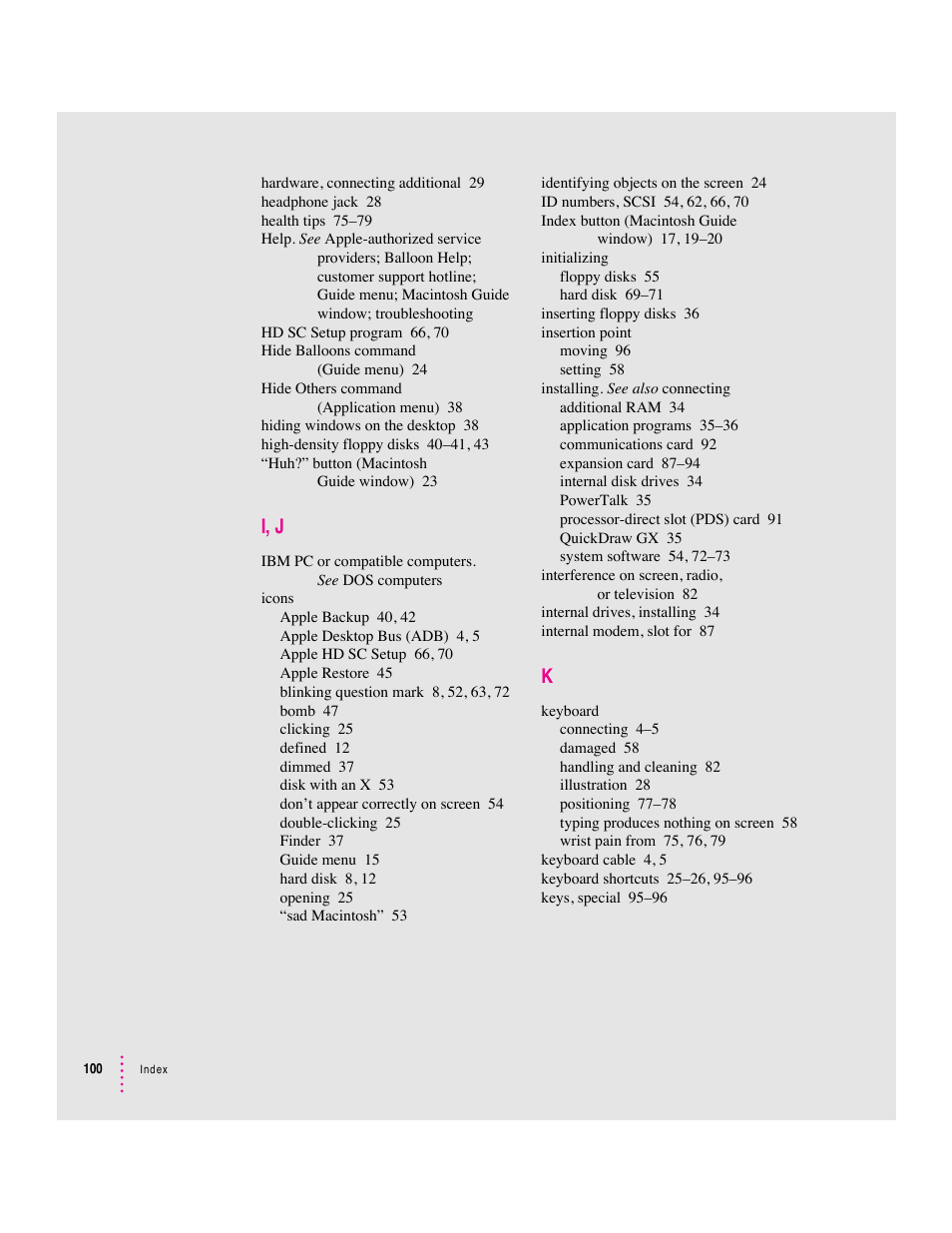 I, j | Apple Macintosh Performa 570 series User Manual | Page 108 / 113