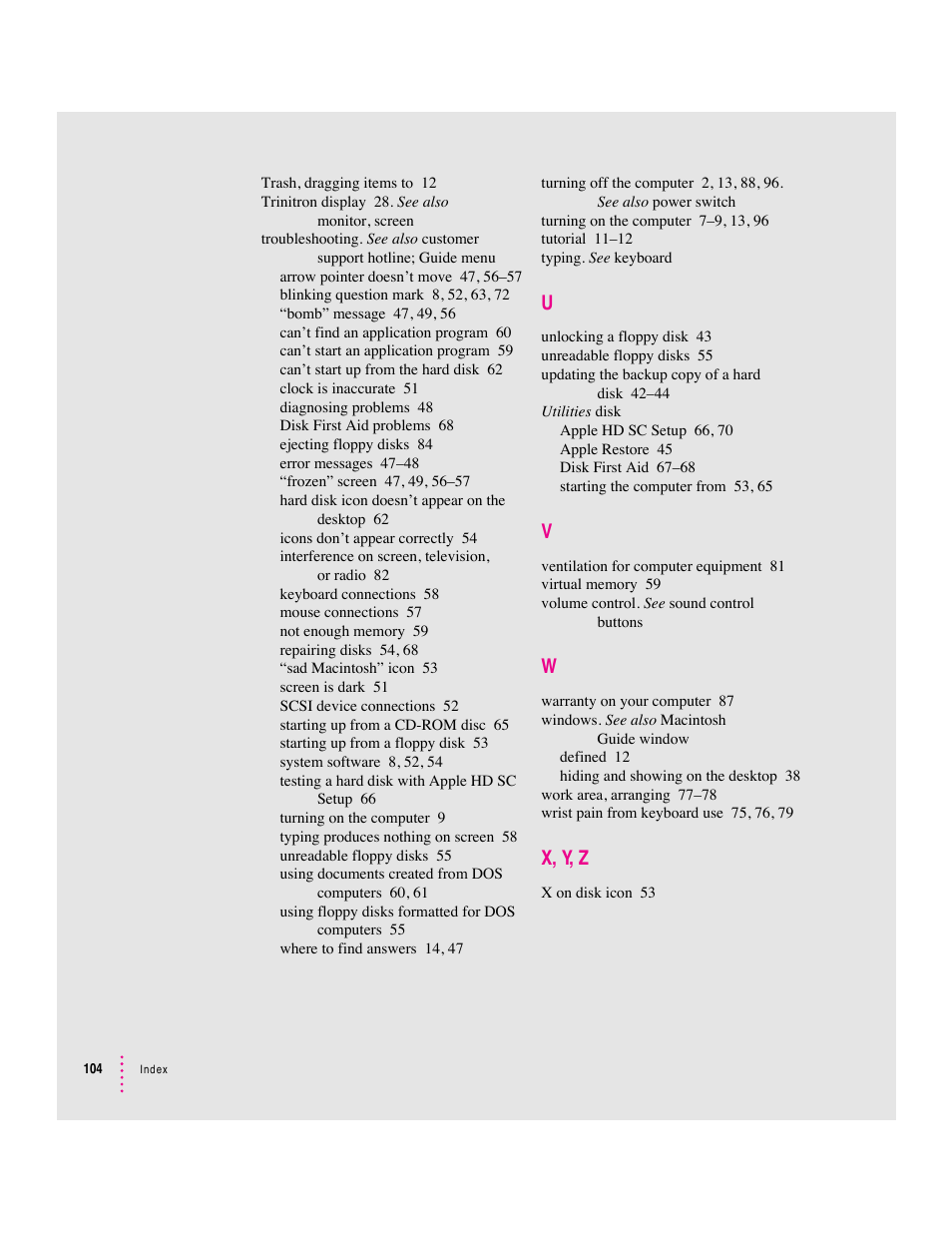 X, y, z | Apple Macintosh Performa 570 series User Manual | Page 112 / 113