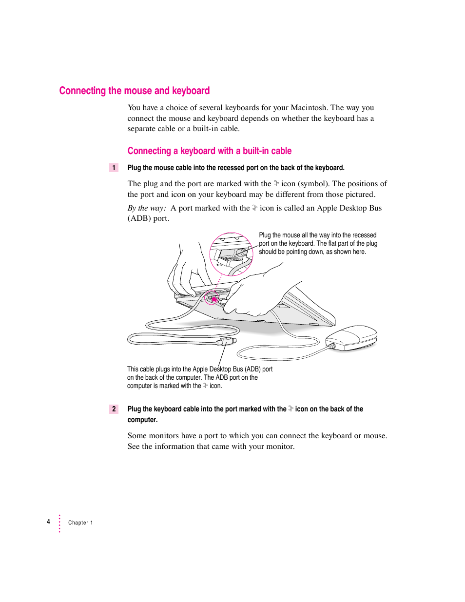 Connecting the mouse and keyboard, Connecting a keyboard with a built-in cable | Apple Macintosh Performa 570 series User Manual | Page 12 / 113