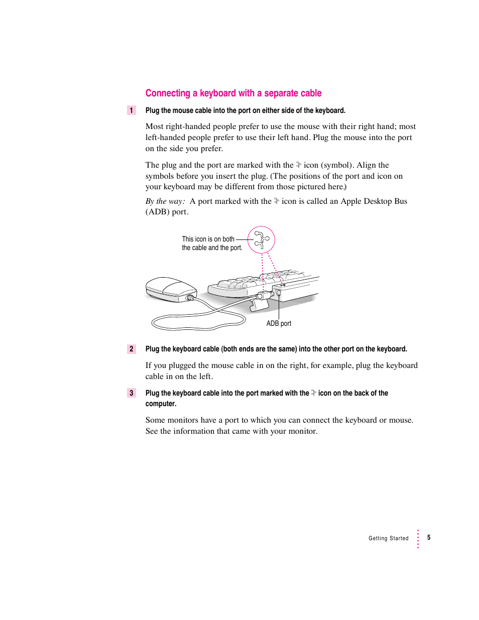 Connecting a keyboard with a separate cable | Apple Macintosh Performa 570 series User Manual | Page 13 / 113