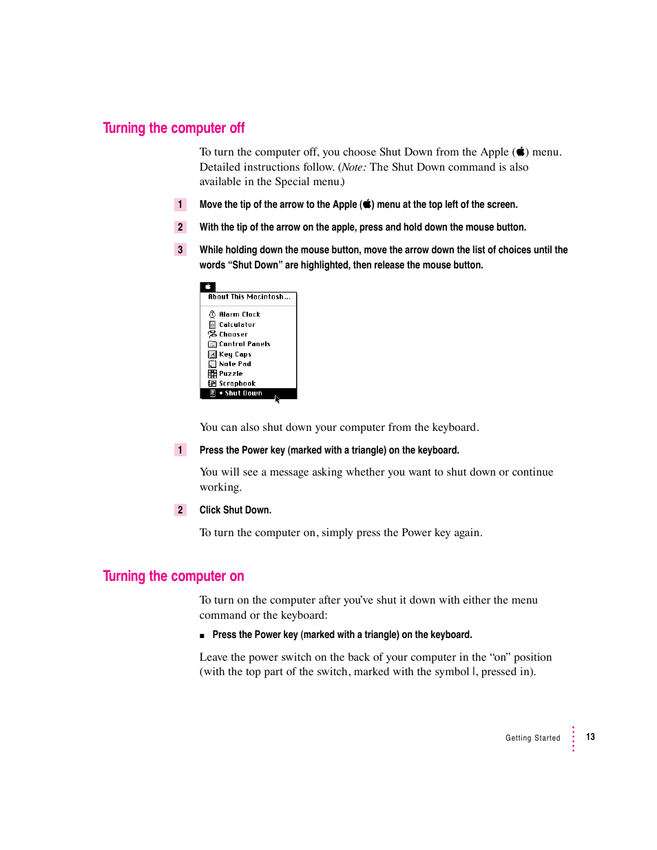 Turning the computer off, Turning the computer on | Apple Macintosh Performa 570 series User Manual | Page 21 / 113