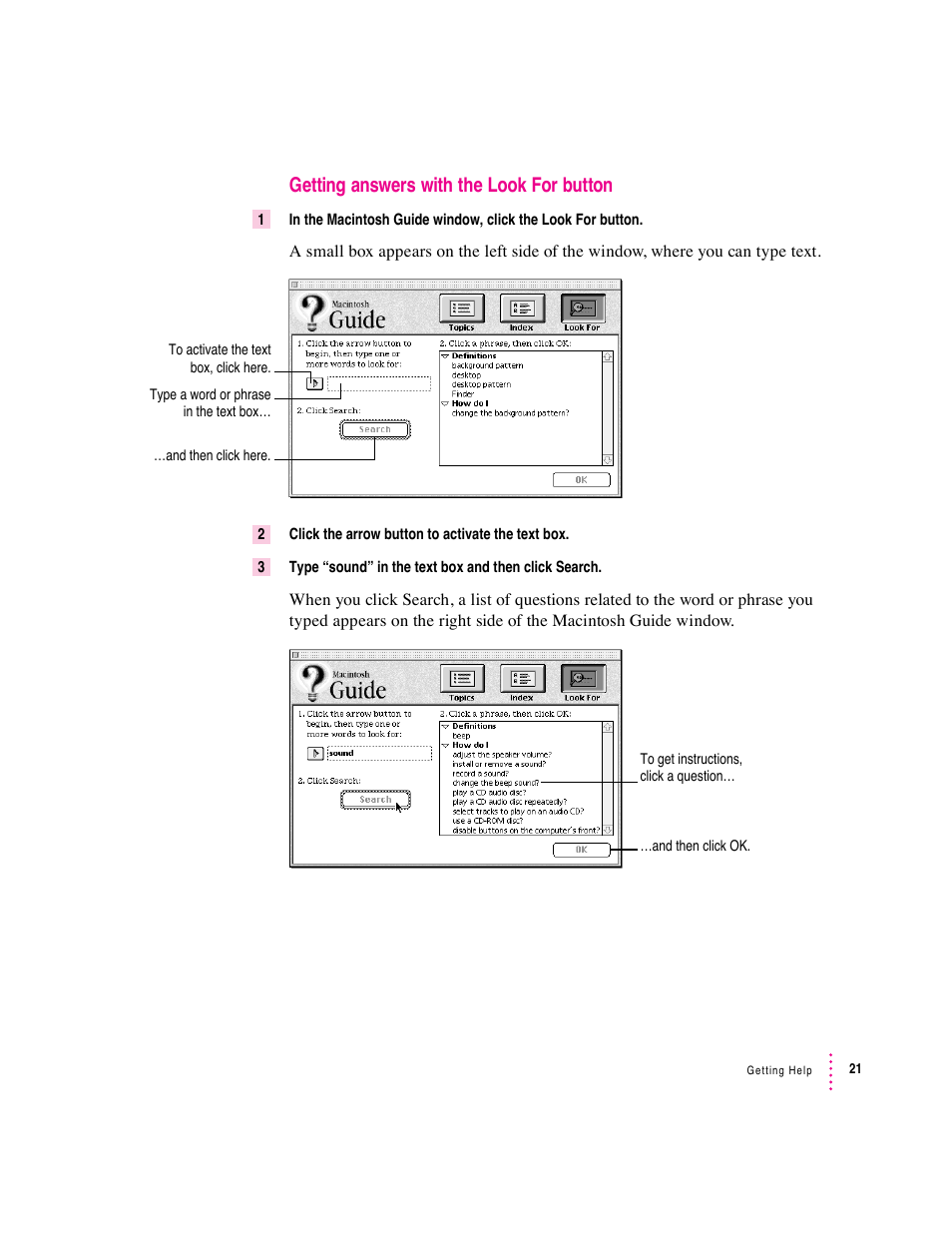 Getting answers with the look for button | Apple Macintosh Performa 570 series User Manual | Page 29 / 113