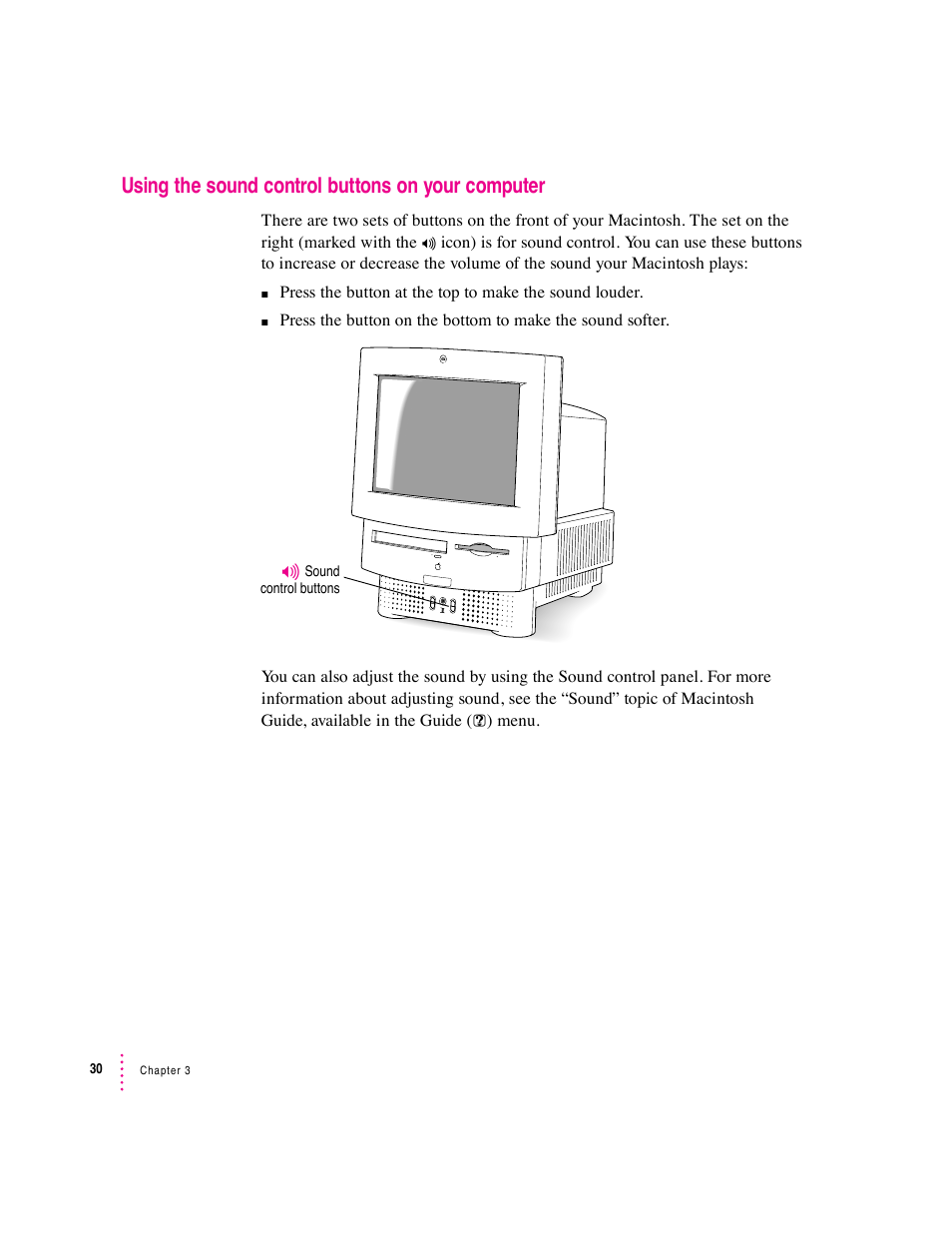 Using the sound control buttons on your computer | Apple Macintosh Performa 570 series User Manual | Page 38 / 113