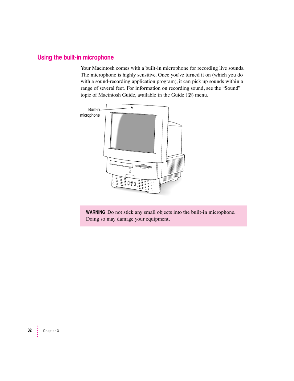 Using the built-in microphone | Apple Macintosh Performa 570 series User Manual | Page 40 / 113