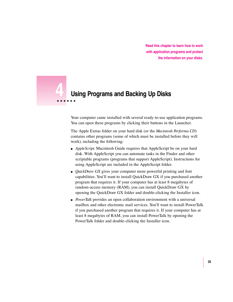 Using programs and backing up disks | Apple Macintosh Performa 570 series User Manual | Page 43 / 113