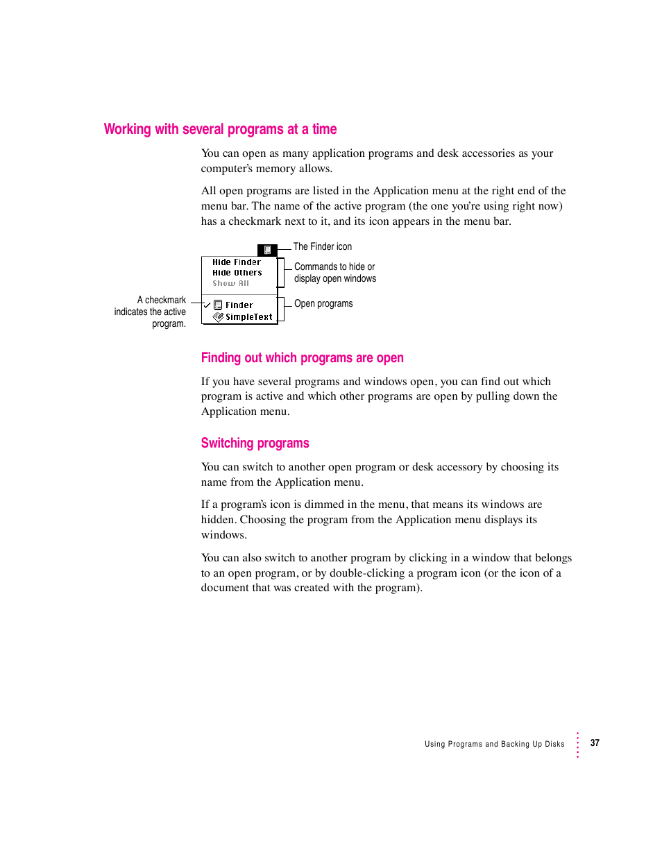 Working with several programs at a time, Finding out which programs are open, Switching programs | Apple Macintosh Performa 570 series User Manual | Page 45 / 113