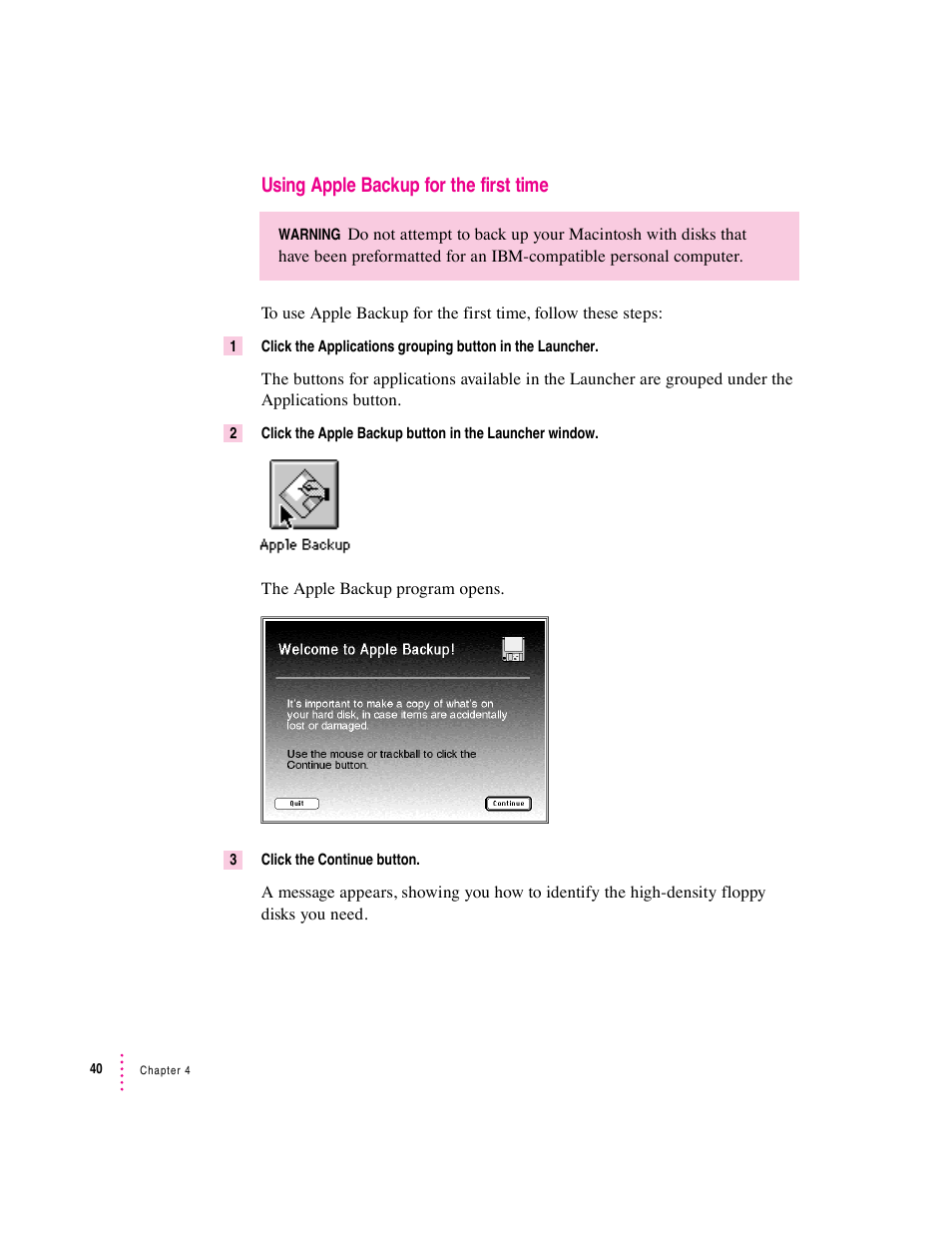 Using apple backup for the first time | Apple Macintosh Performa 570 series User Manual | Page 48 / 113