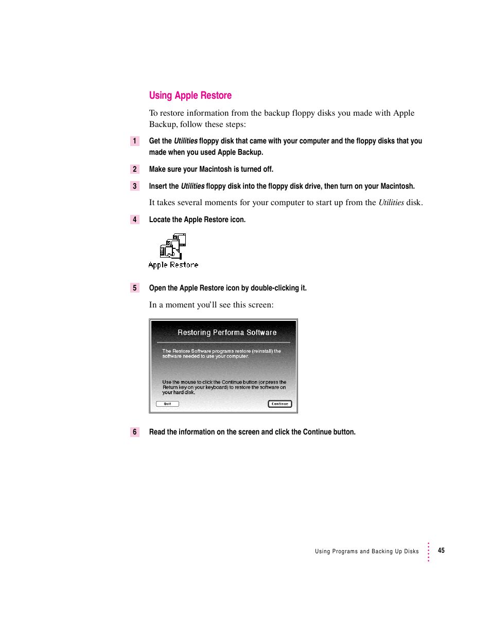 Using apple restore | Apple Macintosh Performa 570 series User Manual | Page 53 / 113