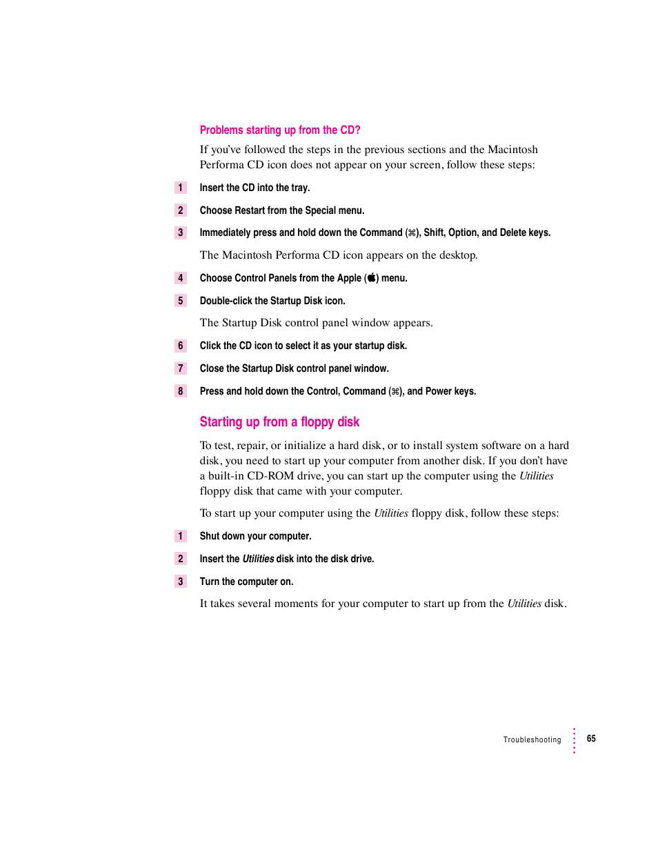 Starting up from a floppy disk | Apple Macintosh Performa 570 series User Manual | Page 73 / 113