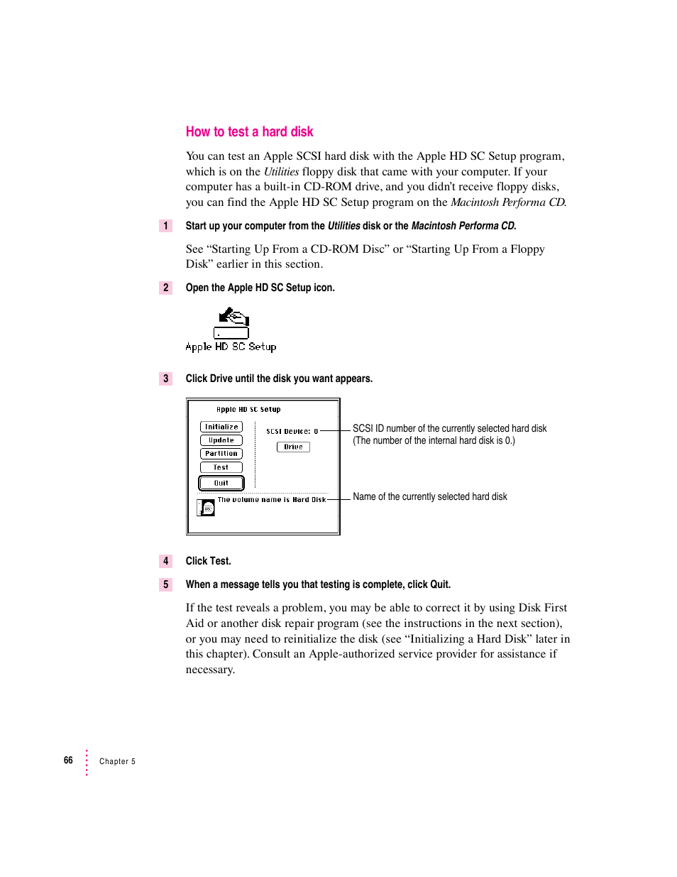 How to test a hard disk | Apple Macintosh Performa 570 series User Manual | Page 74 / 113