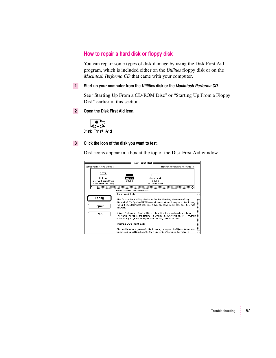 How to repair a hard disk or floppy disk | Apple Macintosh Performa 570 series User Manual | Page 75 / 113