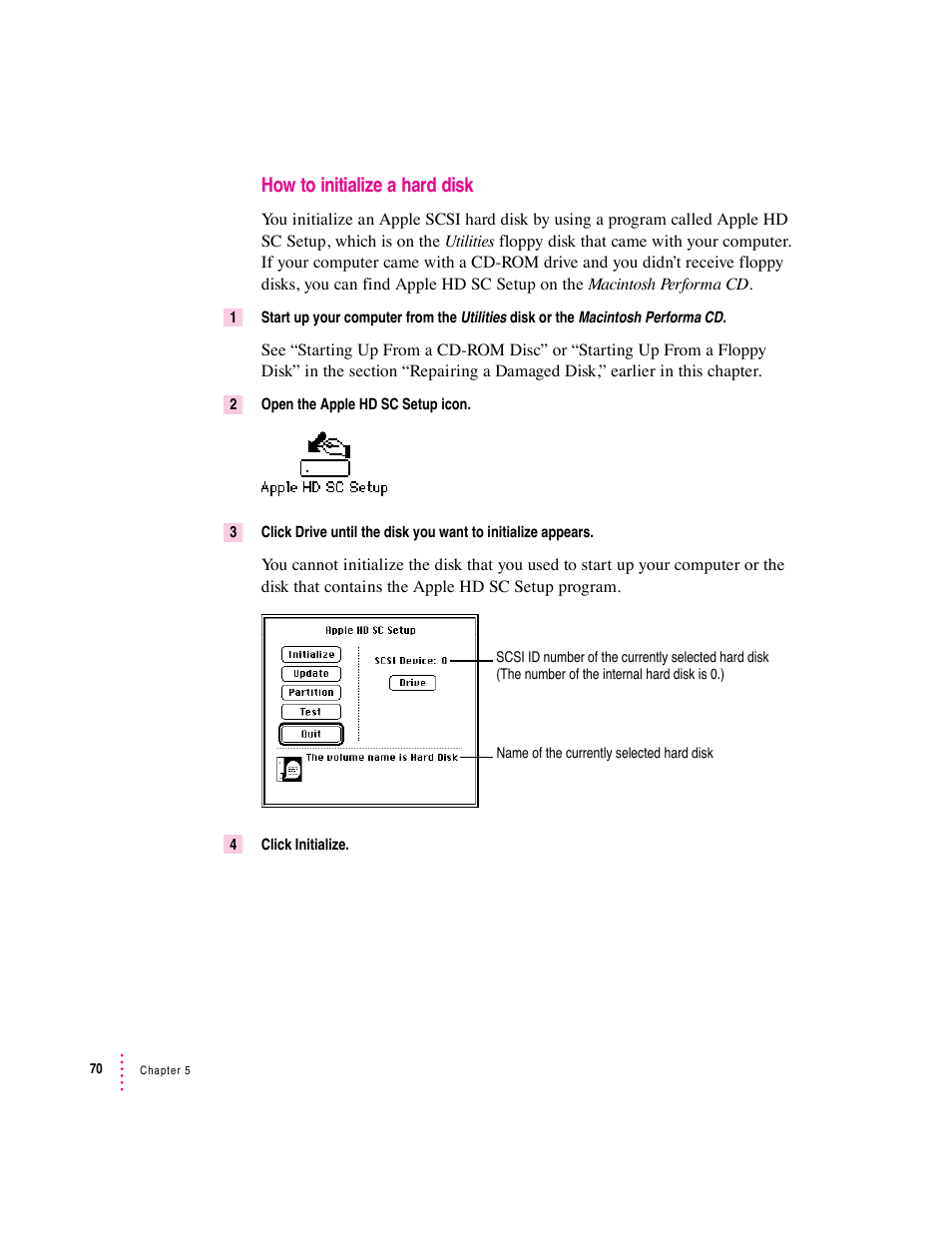 How to initialize a hard disk | Apple Macintosh Performa 570 series User Manual | Page 78 / 113