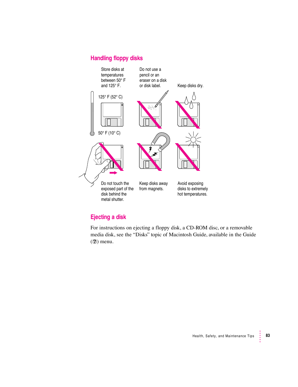 Handling floppy disks ejecting a disk | Apple Macintosh Performa 570 series User Manual | Page 91 / 113