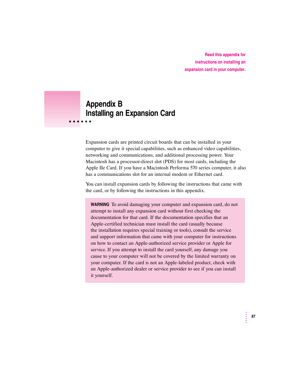 Appendix b installing an expansion card | Apple Macintosh Performa 570 series User Manual | Page 95 / 113