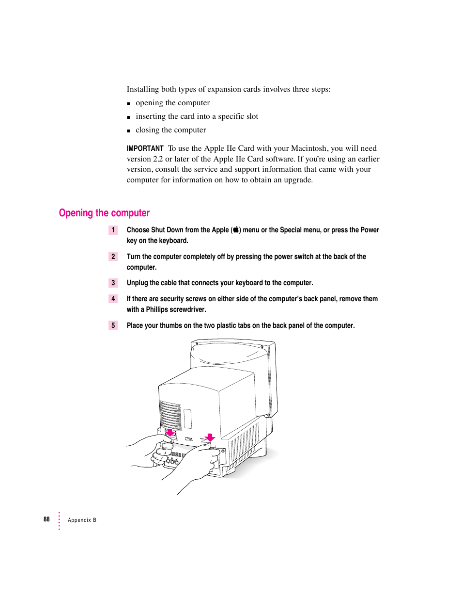 Opening the computer | Apple Macintosh Performa 570 series User Manual | Page 96 / 113