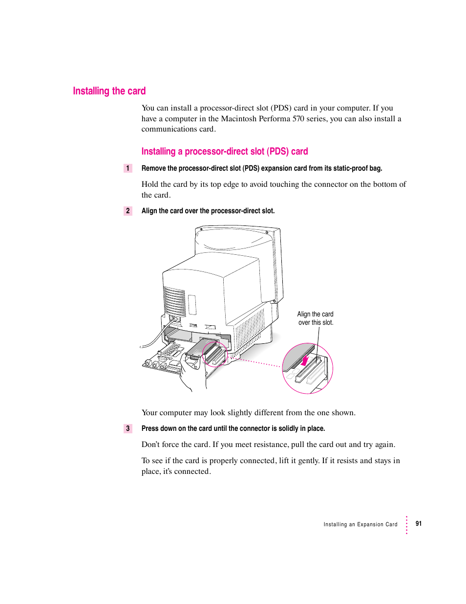 Installing the card, Installing a processor-direct slot (pds) card | Apple Macintosh Performa 570 series User Manual | Page 99 / 113