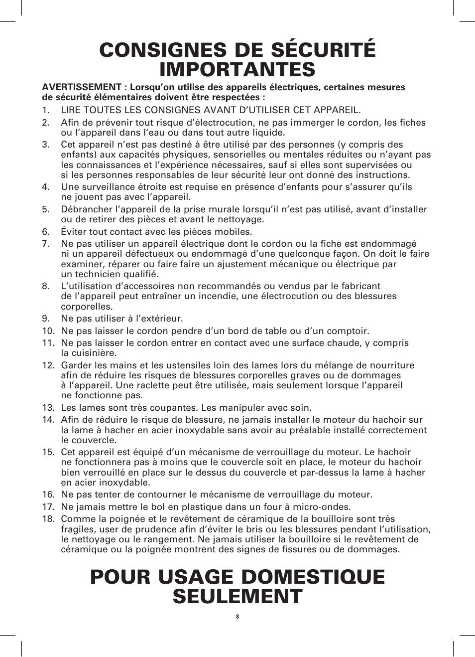 Consignes de sécurité importantes, Pour usage domestique seulement | BELLA 14152 Electric Kettle User Manual | Page 10 / 24