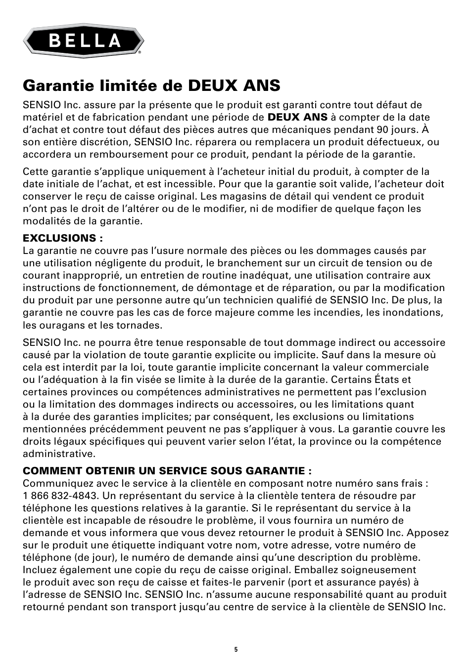 Garantie limitée de deux ans | BELLA 14152 Electric Kettle User Manual | Page 15 / 24