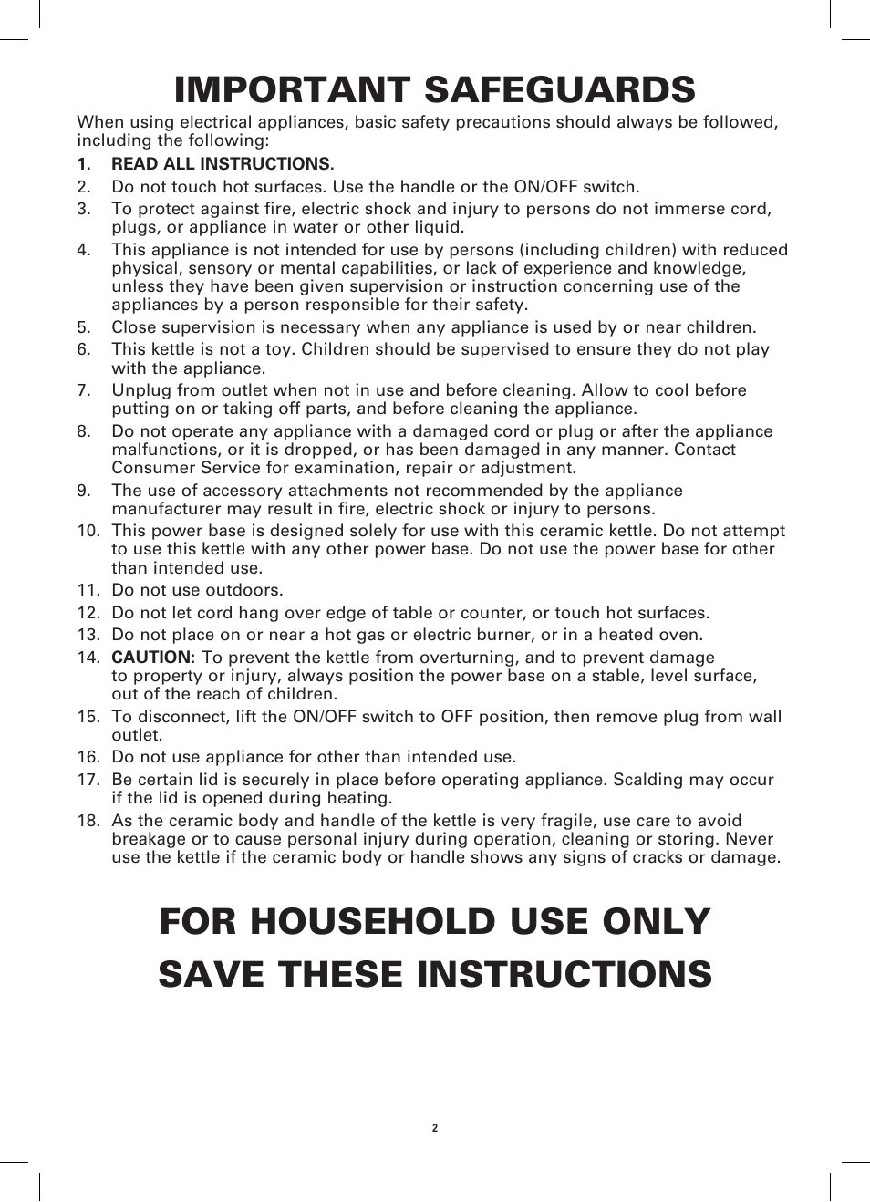 Important safeguards, For household use only save these instructions | BELLA 14152 Electric Kettle User Manual | Page 4 / 24