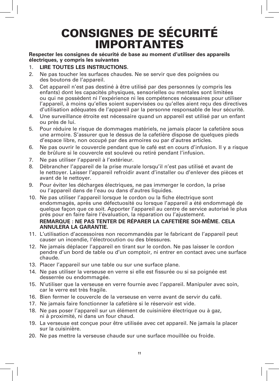 Consignes de sécurité importantes | BELLA 14108 Linea Collection 12-Cup Programmable Coffee Maker User Manual | Page 13 / 32