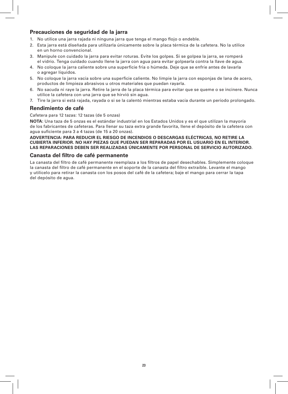 Precauciones de seguridad de la jarra, Rendimiento de café, Canasta del filtro de café permanente | BELLA 14108 Linea Collection 12-Cup Programmable Coffee Maker User Manual | Page 25 / 32