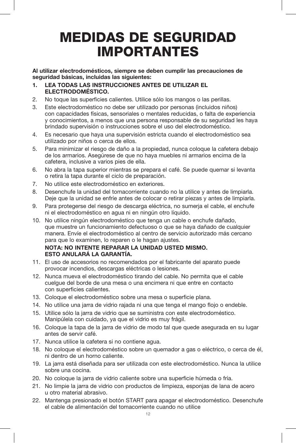 Medidas de seguridad importantes | BELLA 13840 Dots Collection 12-Cup Programmable Coffee Maker User Manual | Page 13 / 24