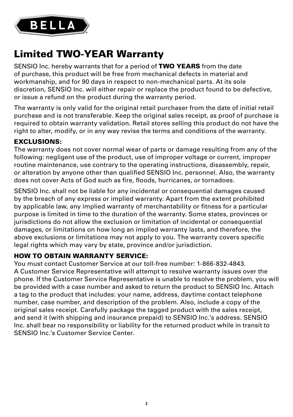 Limited two-year warranty | BELLA 14112 Linea Collection Sport Rocket Blender User Manual | Page 10 / 28