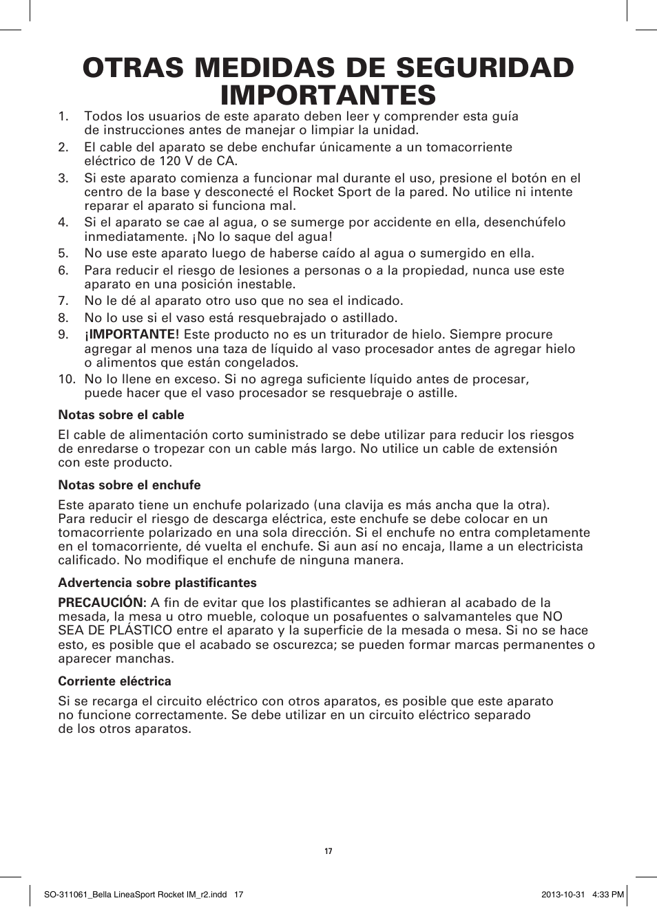 Otras medidas de seguridad importantes | BELLA 14112 Linea Collection Sport Rocket Blender User Manual | Page 19 / 28