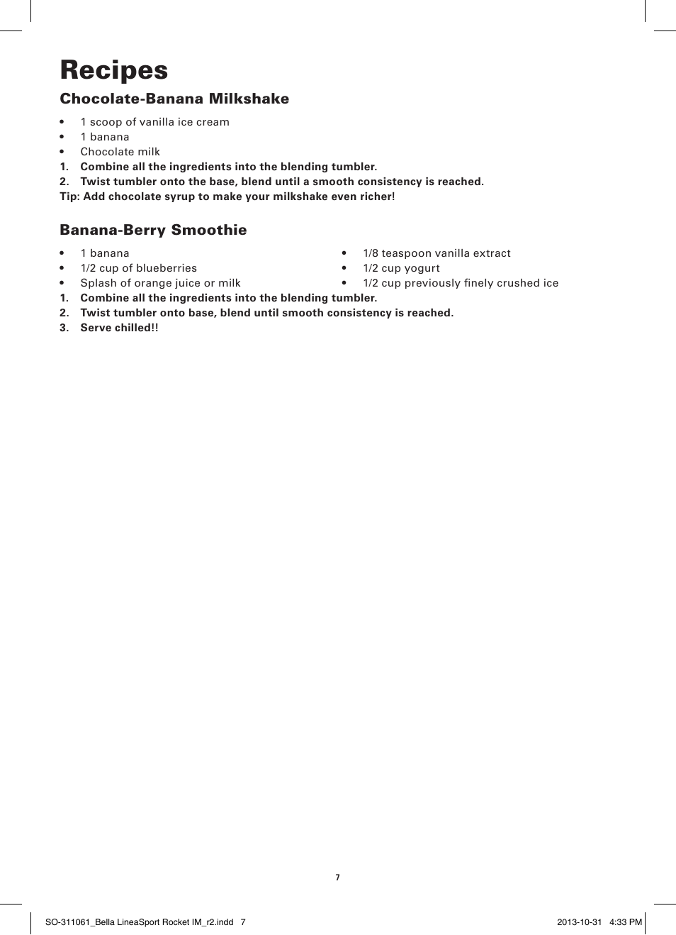 Recipes, Chocolate-banana milkshake, Banana-berry smoothie | BELLA 14112 Linea Collection Sport Rocket Blender User Manual | Page 9 / 28