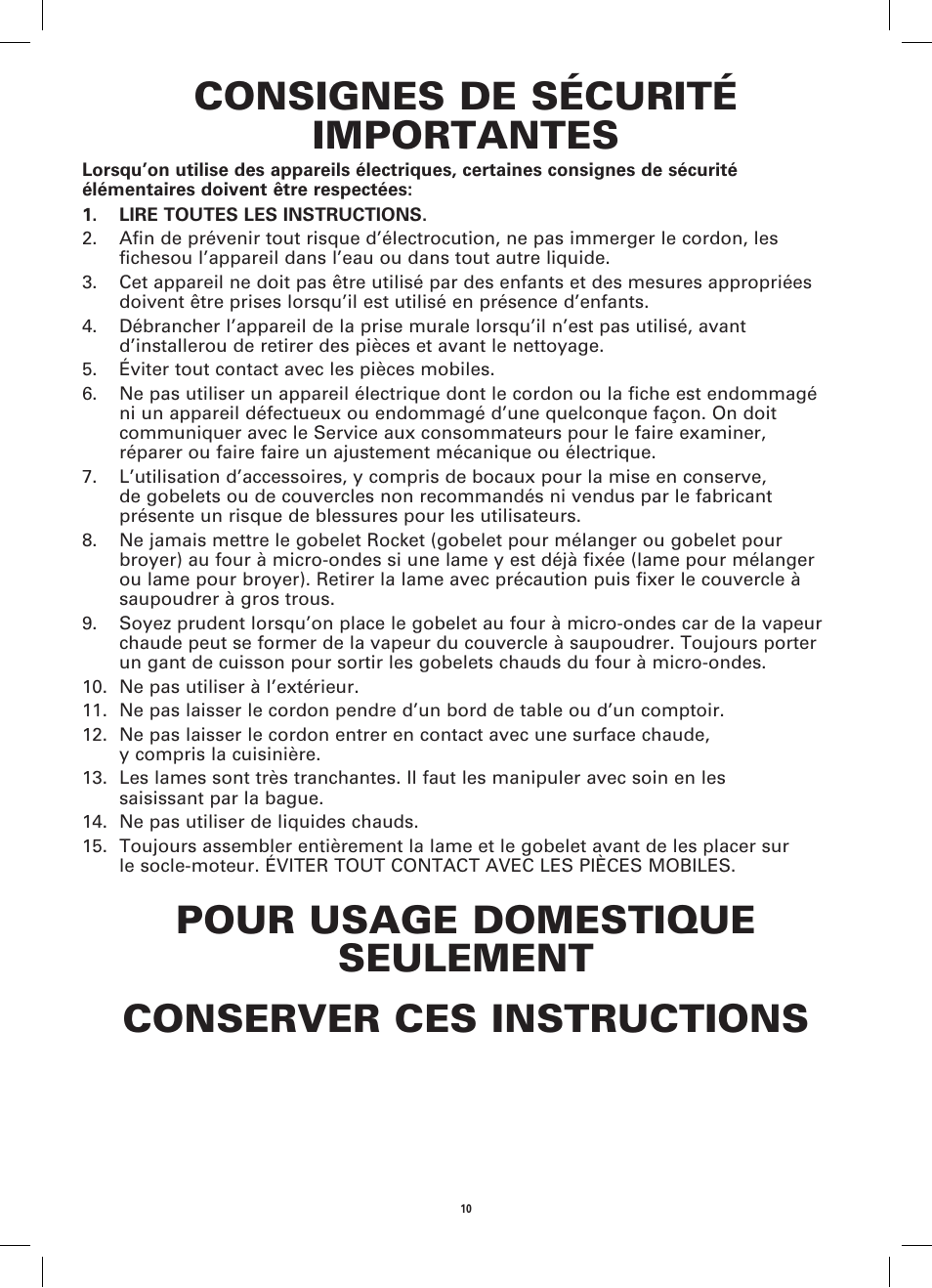 Consignes de sécurité importantes | BELLA 13586 12-Piece Rocket Blender User Manual | Page 10 / 24