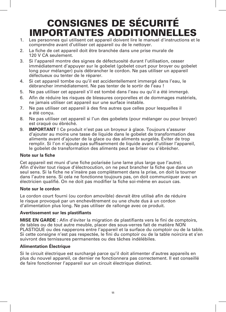 Consignes de sécurité importantes additionnelles | BELLA 13586 12-Piece Rocket Blender User Manual | Page 11 / 24