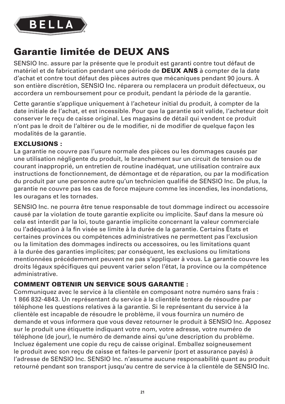 Garantie limitée de deux ans | BELLA 13586 12-Piece Rocket Blender User Manual | Page 16 / 24