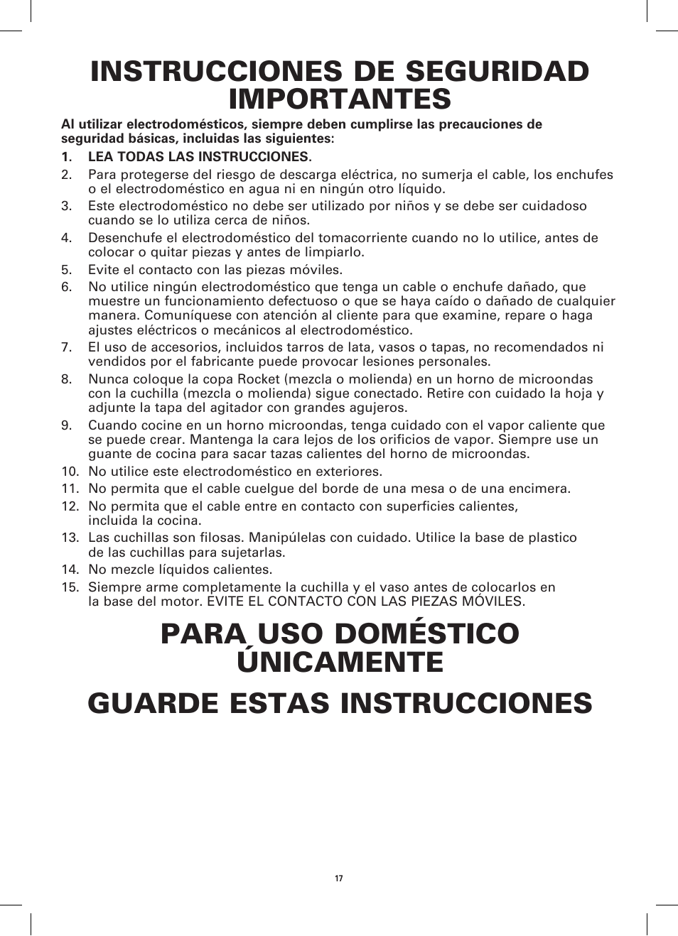 Instrucciones de seguridad importantes | BELLA 13586 12-Piece Rocket Blender User Manual | Page 17 / 24