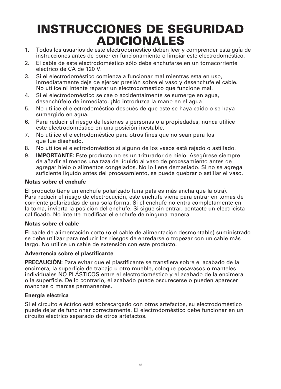 Instrucciones de seguridad adicionales | BELLA 13586 12-Piece Rocket Blender User Manual | Page 18 / 24