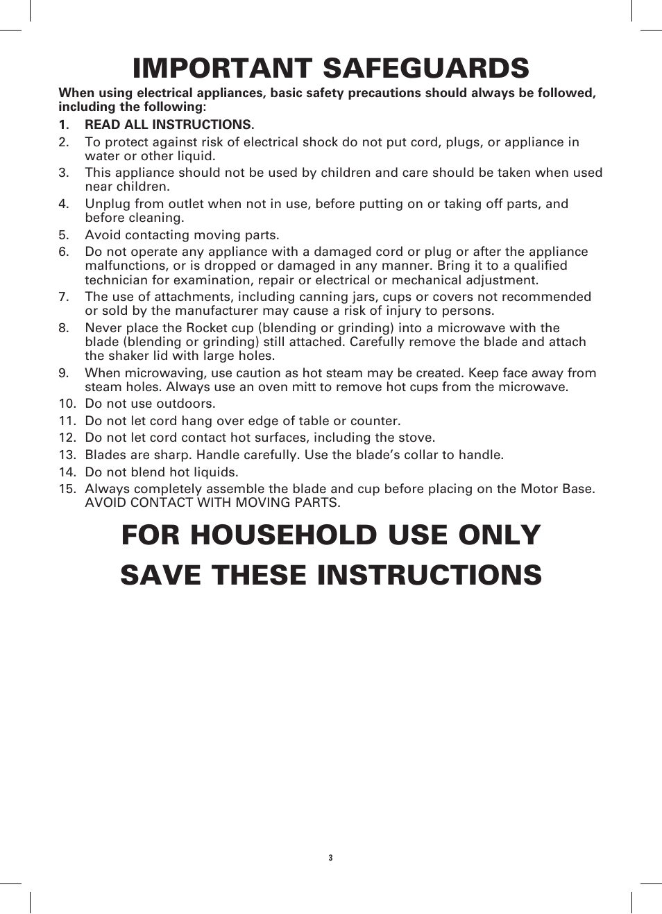 Important safeguards, For household use only save these instructions | BELLA 13586 12-Piece Rocket Blender User Manual | Page 3 / 24